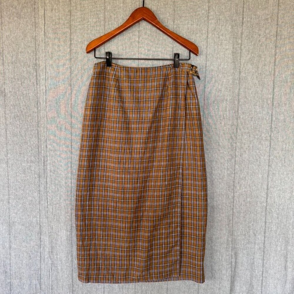 Vintage Casual Corner Linen Brown Navy Blue White Plaid Wrap Maxi Skirt Size 10